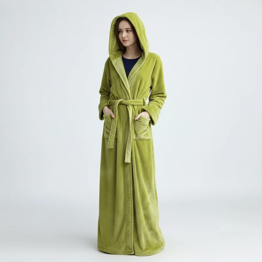 Knöckelhoher Bademantel mit Kapuze, ultra-weiche Fleece, grosse Taschen
