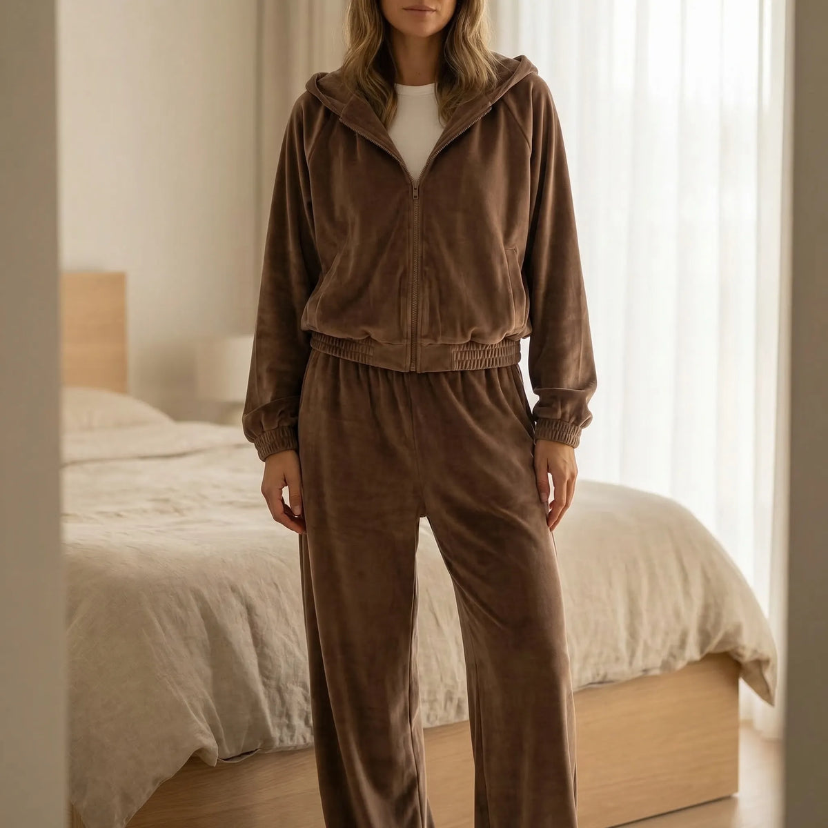 Damen Freizeitanzug mit Zip-Hoodie und Weitbein-Hose aus Spandex