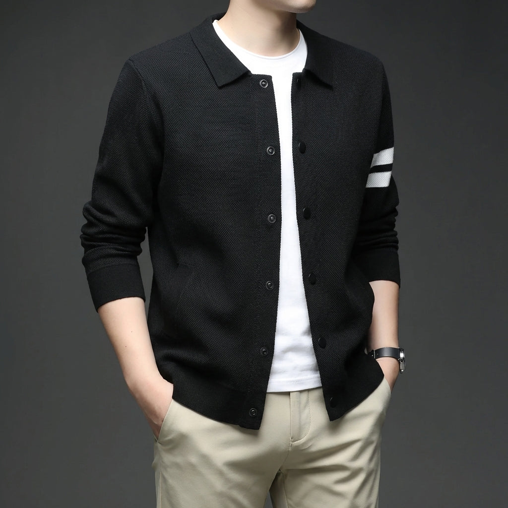Herren-Strickjacke mit Polokragen, Ärmelstreifen und entspannter Passform