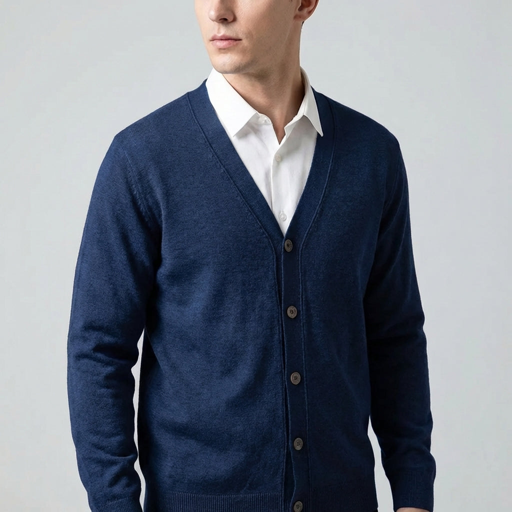 Klassischer V-Ausschnitt-Cardigan leichte Strickschicht gerippte Details