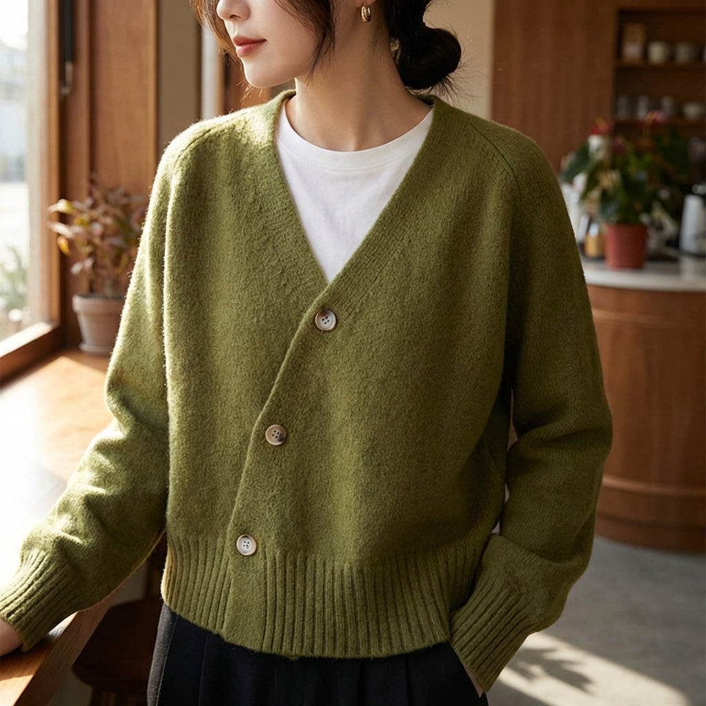 Damen-Cardigan asymmetrisch V-Ausschnitt strukturiertes Strickgewebe