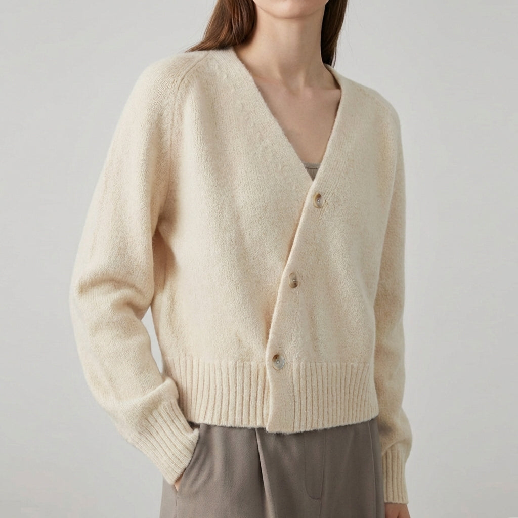 Damen-Cardigan asymmetrisch V-Ausschnitt strukturiertes Strickgewebe