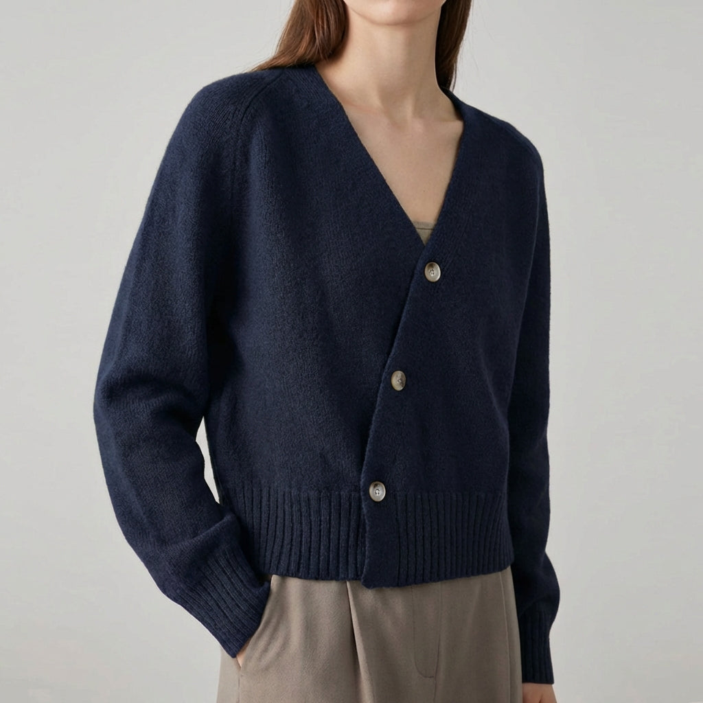 Damen-Cardigan asymmetrisch V-Ausschnitt strukturiertes Strickgewebe