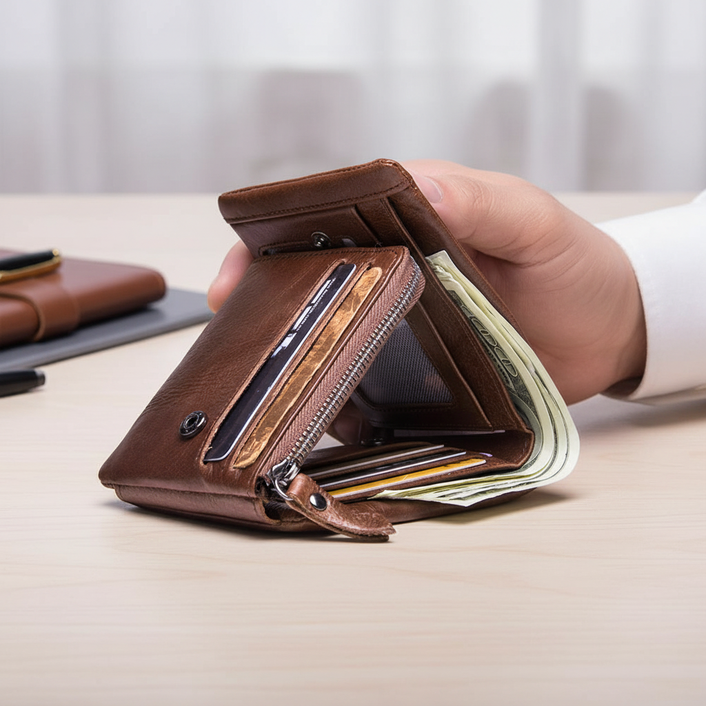 Vintage Herren-Dreifaltwallet aus Leder mit Münzfach und Kartensteckplätzen