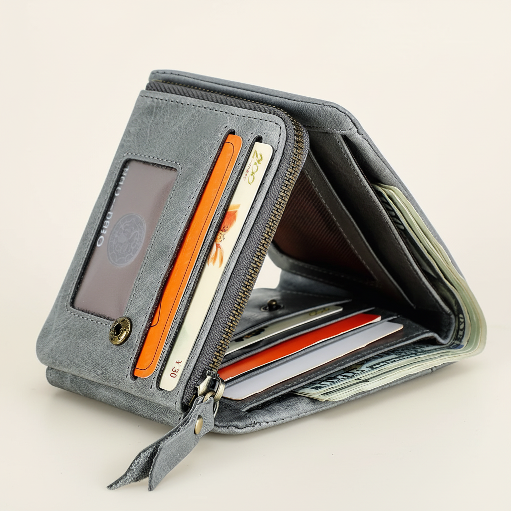 Vintage Herren-Dreifaltwallet aus Leder mit Münzfach und Kartensteckplätzen