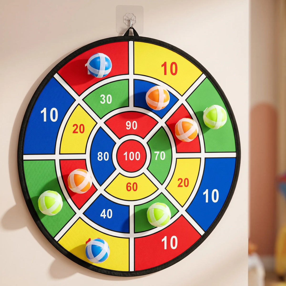 Zielscheibenspiel Klettverschluss 73cm mit 12 farbigen Wurfbällen