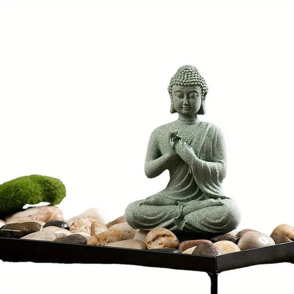 Buddha-Figur mit Zen-Meditation salbeigrün Steinfigur