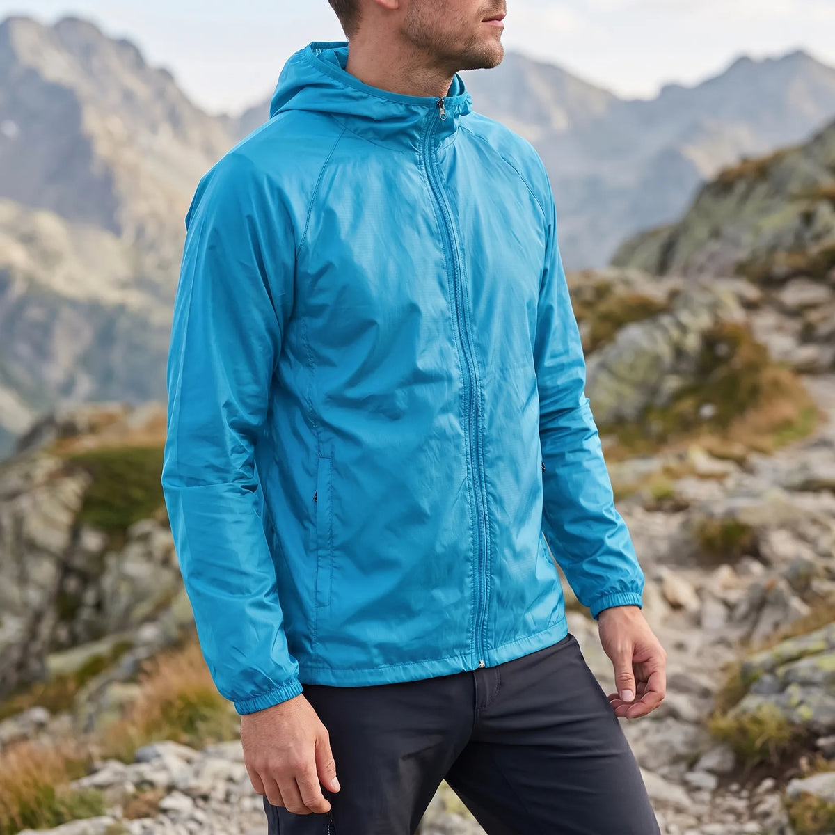 Leichte Windjacke mit Kapuze wasserabweisend und packbar