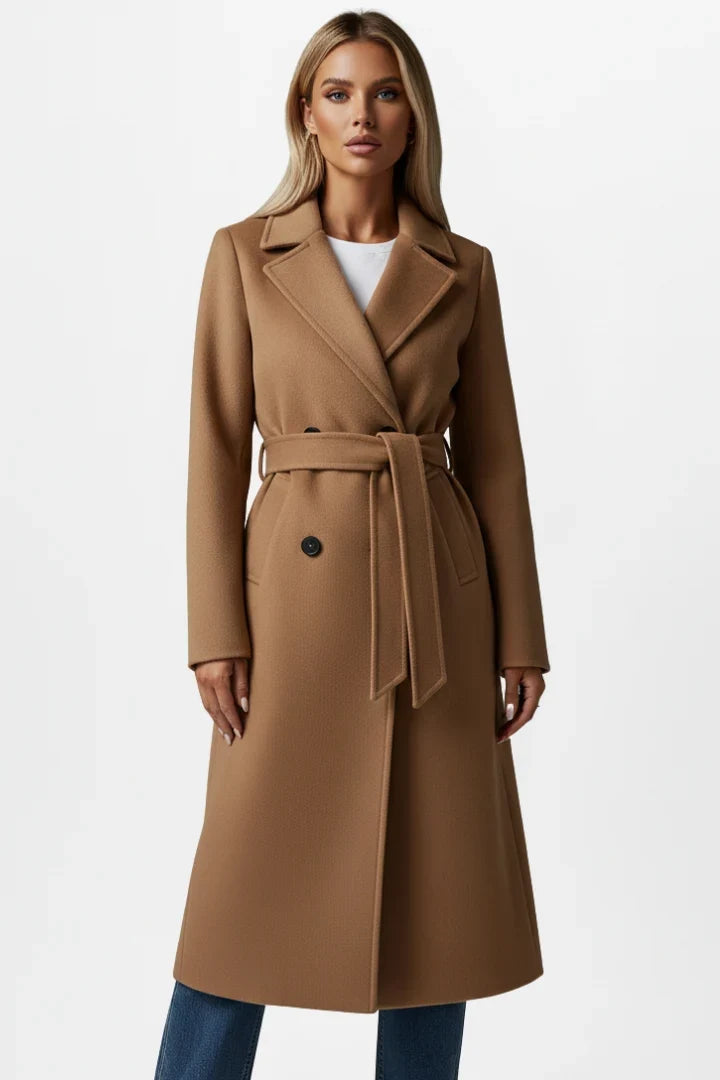 Damen Wintermantel mit Gürtel und zweireihigem Verschluss - Eleganter langer Damenmantel ideal für kühle Tage