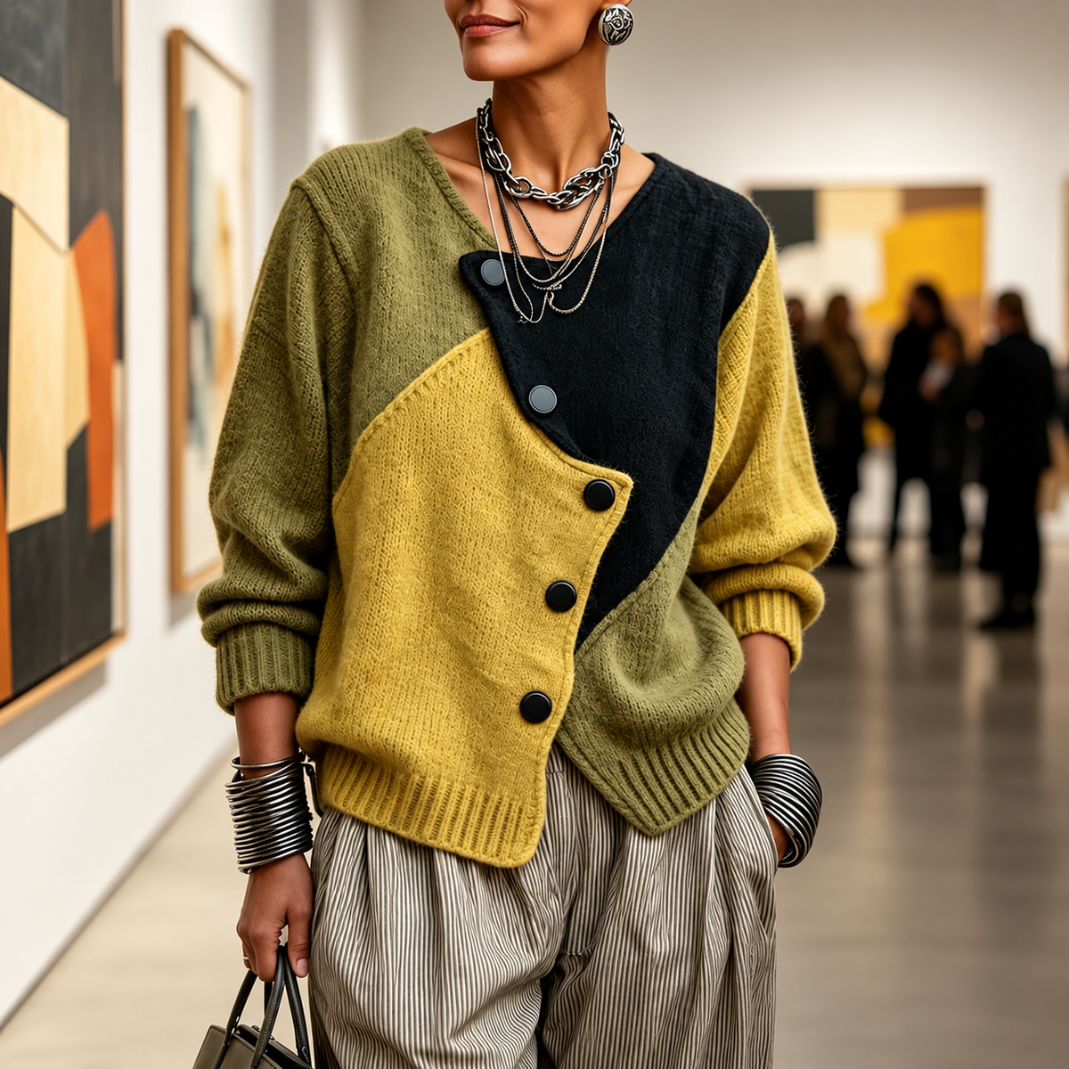 Damen Pullover Dreifarbig mit asymmetrischem Knopfverschluss
