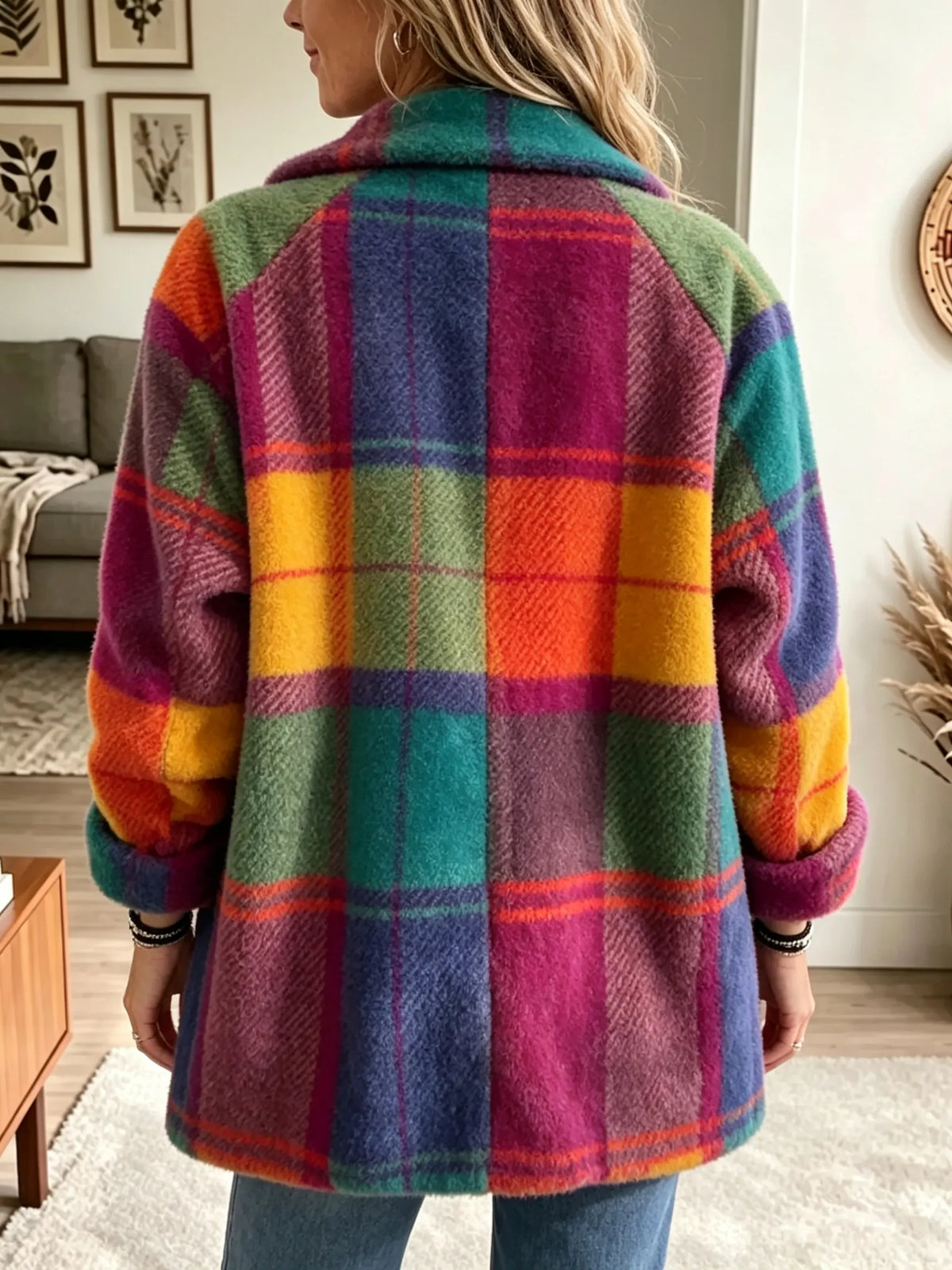 Entspannte Fleecejacke mit Karo und kräftigem Farbblock-Muster