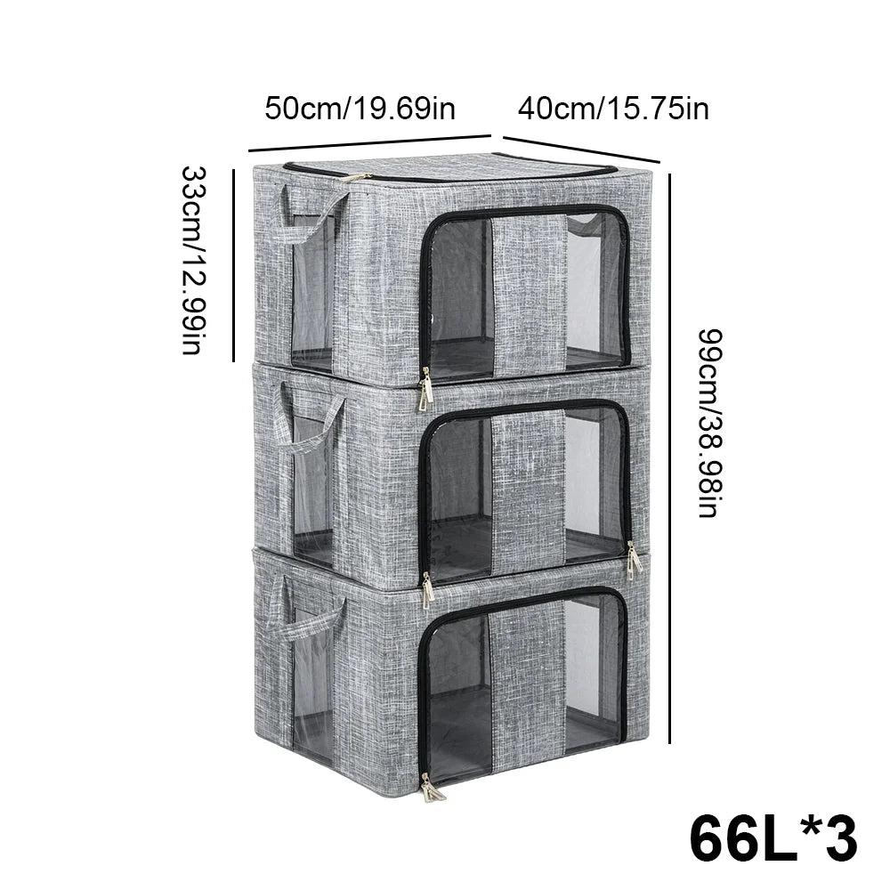 3/6er Pack 66L Große Aufbewahrungsbox für Kleidung mit Metallrahmen, Sichtfenster, Faltbare Boxen