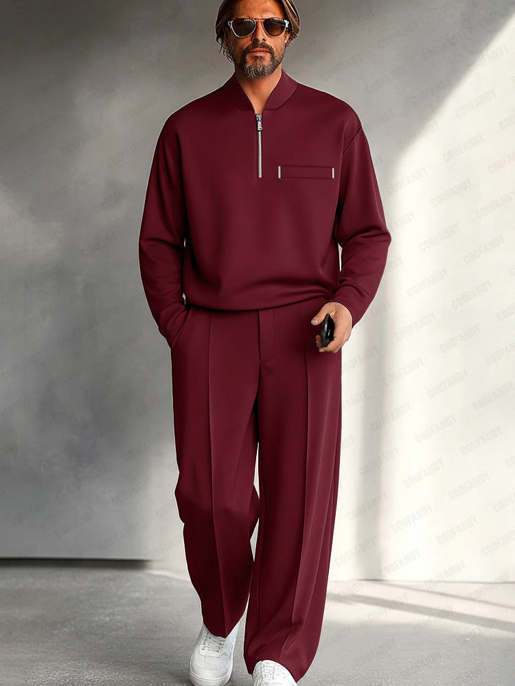 Herren Half-Zip Zweiteiler – Entspanntes Langarmoberteil und Hose mit weitem Bein für Smart Casual