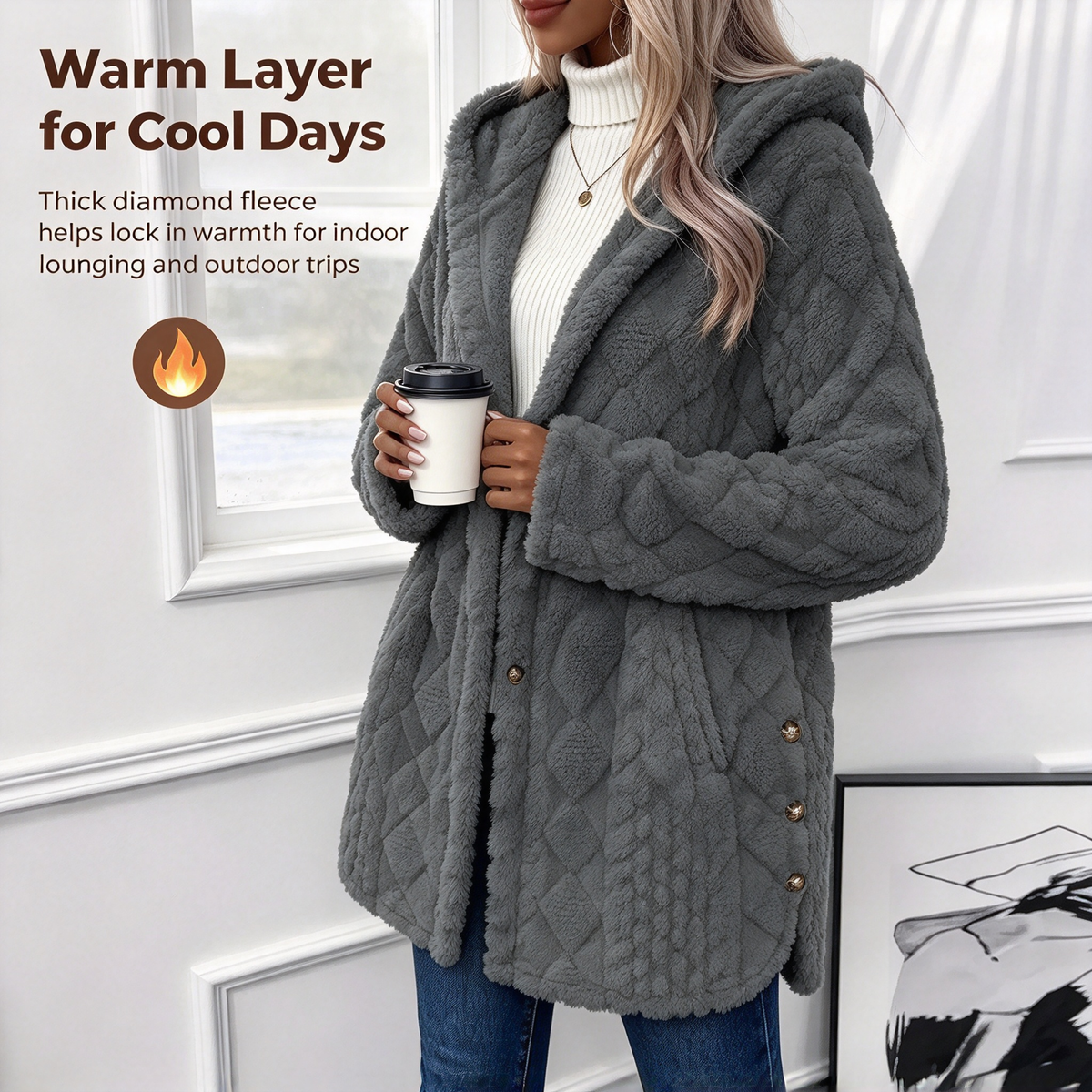 Damen Kapuzen Doppelseitige Fleece Strickjacke Langarm Lässig Warm Oberbekleidung