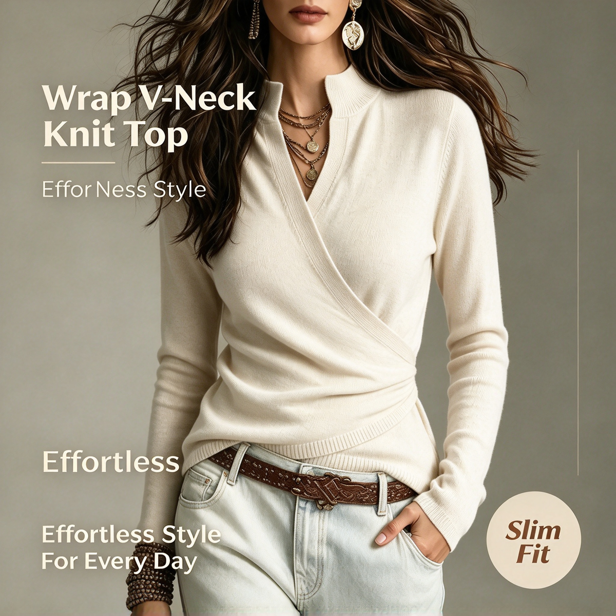 Herbstpullover mit falschem Kragen und Wickeloptik für Damen
