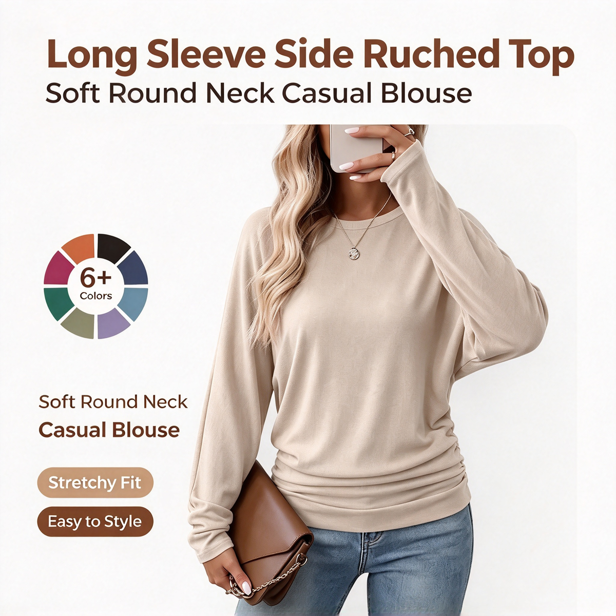 Damen Langarmshirt mit gerafftem Saum Herbst Oberteil Leichter Pullover