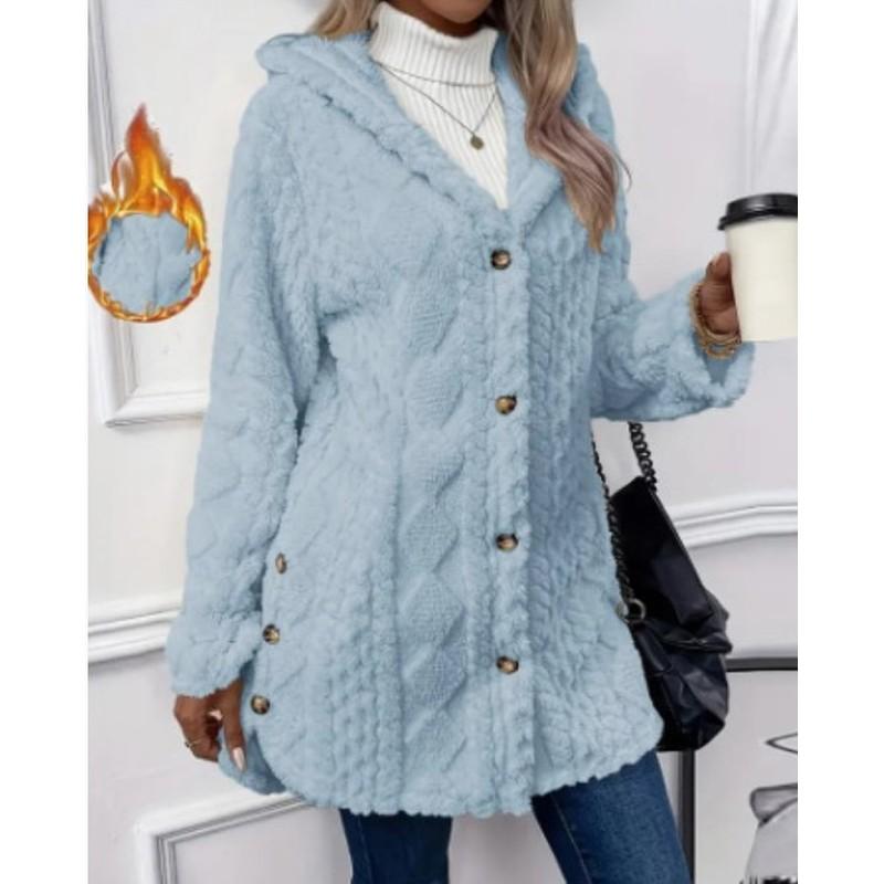 Damen Kapuzen Doppelseitige Fleece Strickjacke Langarm Lässig Warm Oberbekleidung