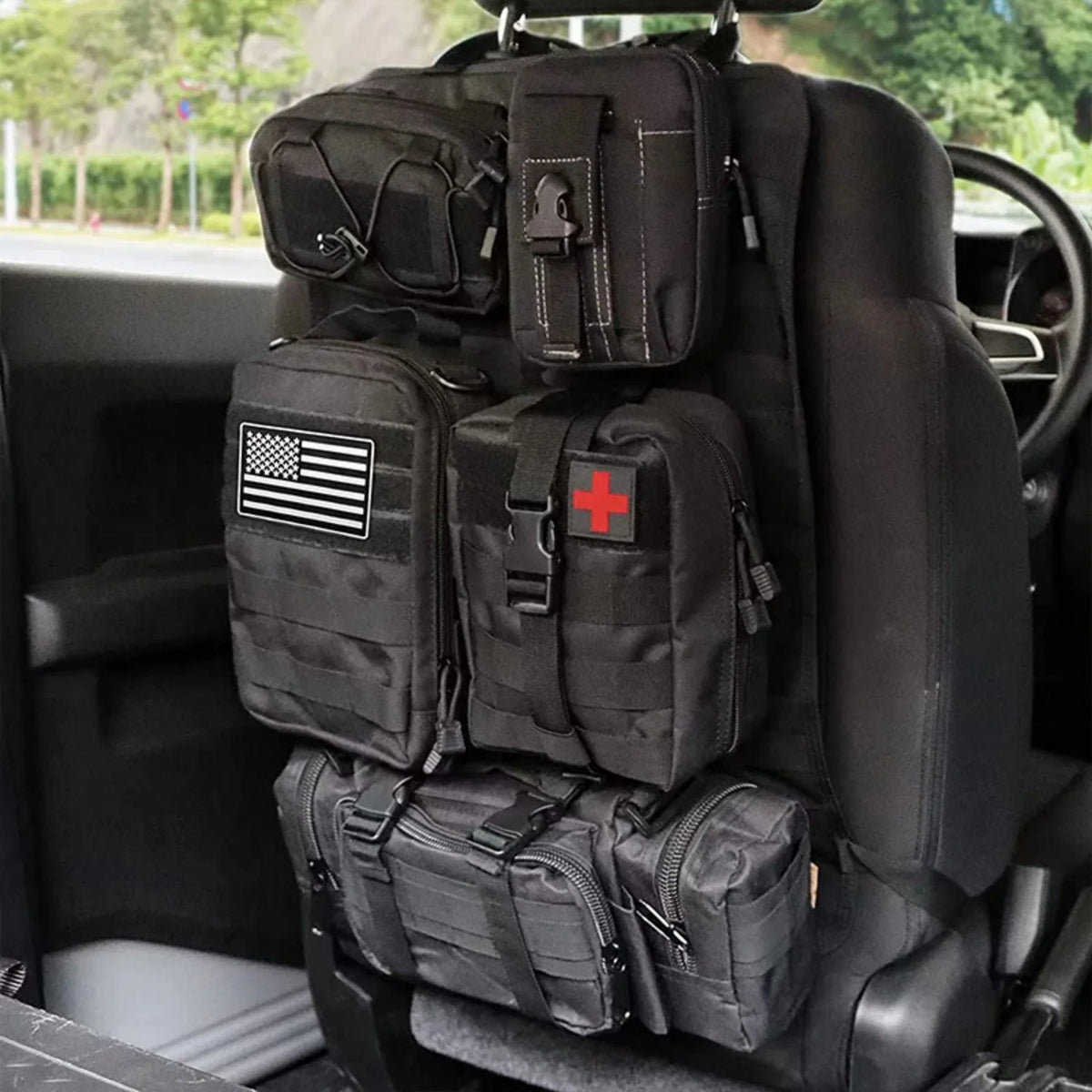 Taktischer Rücksitz-Molle-Organizer mit 5 abnehmbaren Molle-Taschen