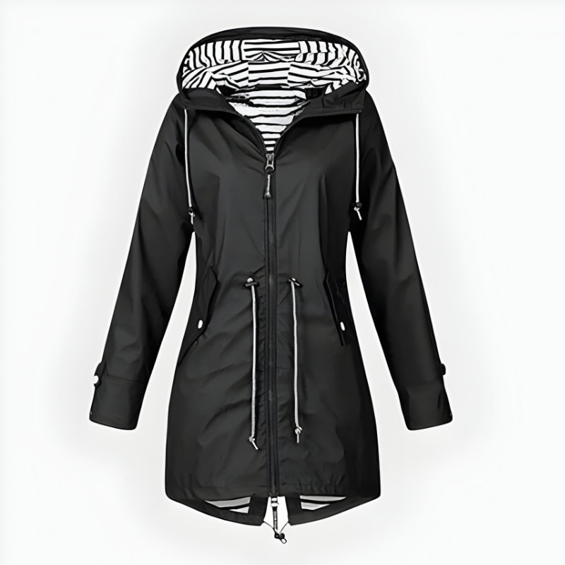 Wasserdichte lange Regenjacke für Damen mit verstellbarer Kapuze und atmungsaktivem Stoff