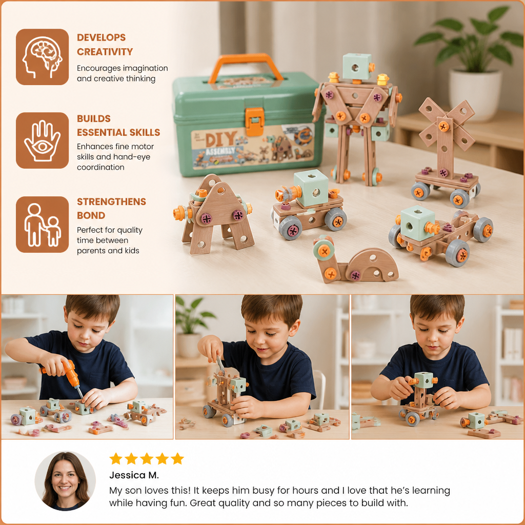 144-teiliges Kinder-Werkzeugset mit Bohrer und Werkzeugkoffer – STEM Montessori Konstruktionsset