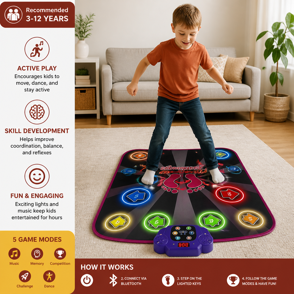 Kinder-Tanzmatte mit Beleuchtung und Bluetooth mit 5 Spielmodi