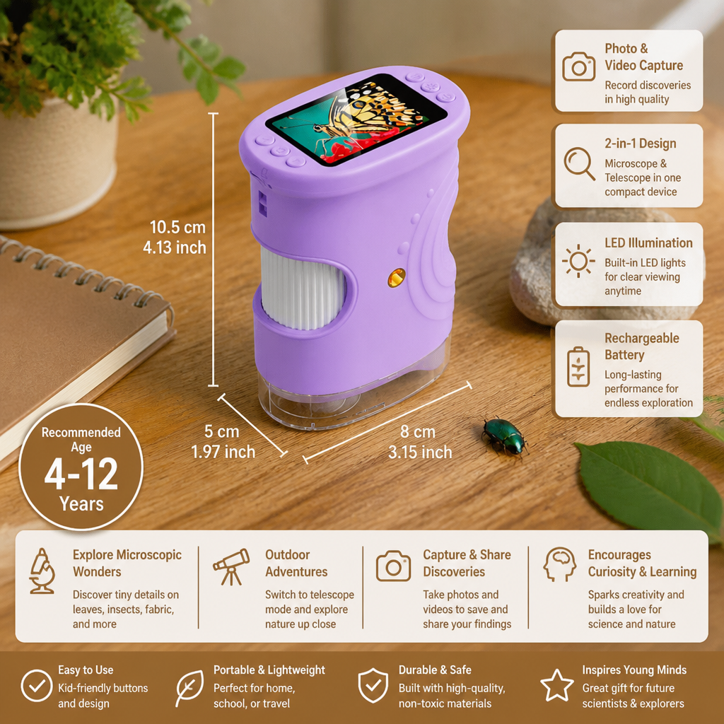 2-in-1 Digitales Mikroskop & Teleskop für Kinder mit Foto- und Videokamera