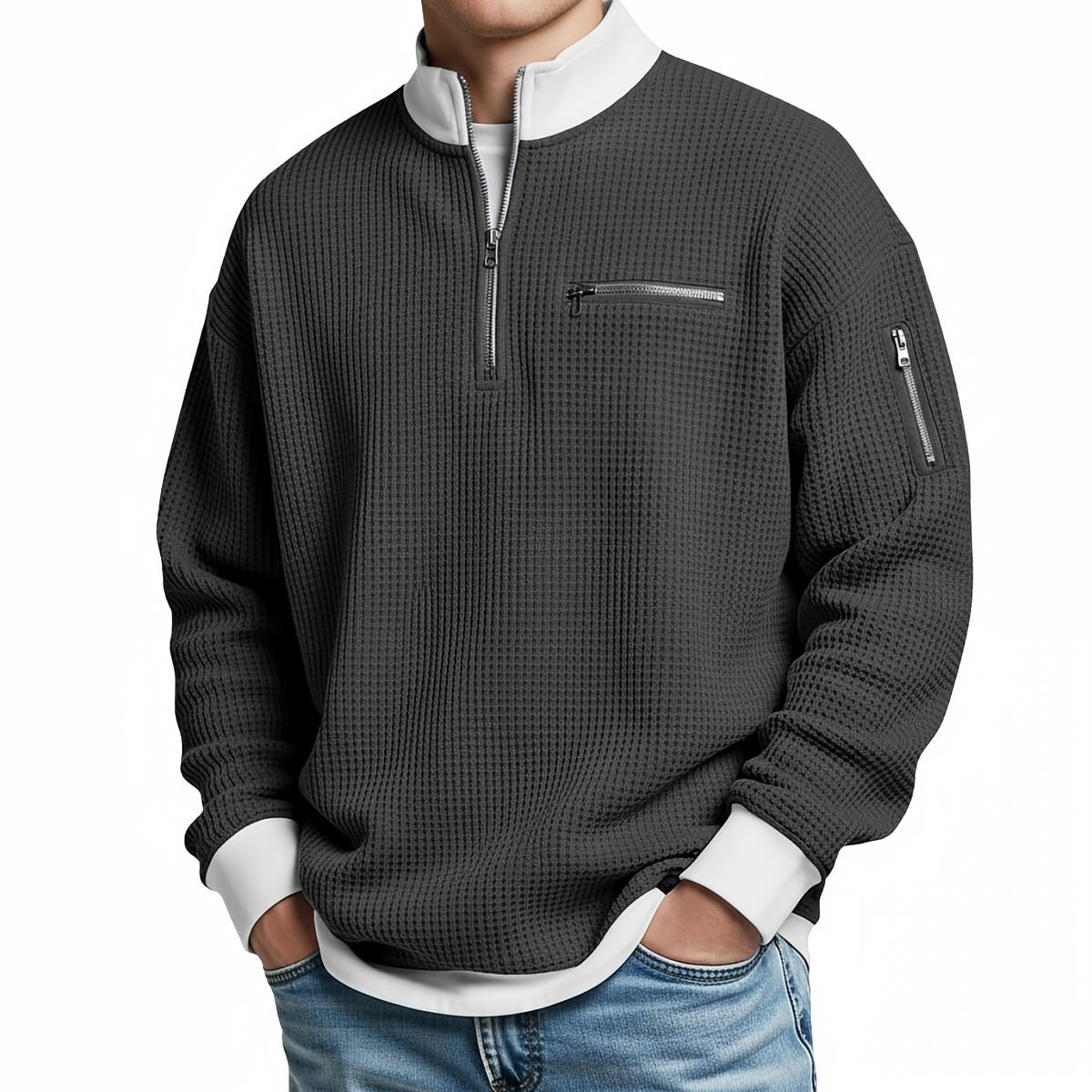Pullover Herren | Waffelgestrickter Pullover mit halbem Reißverschluss