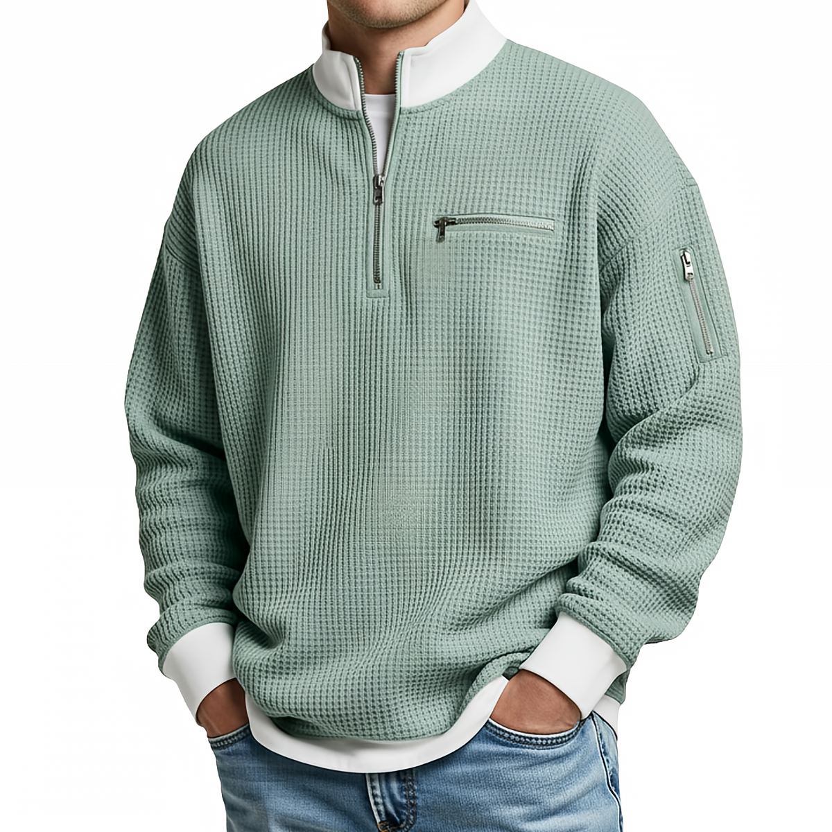 Pullover Herren | Waffelgestrickter Pullover mit halbem Reißverschluss