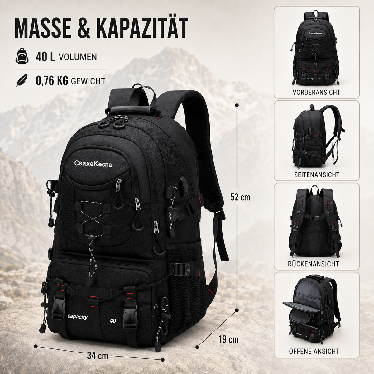 Camp Basel | BergTrail Pro 40L Wanderrucksack mit USB-Anschluss