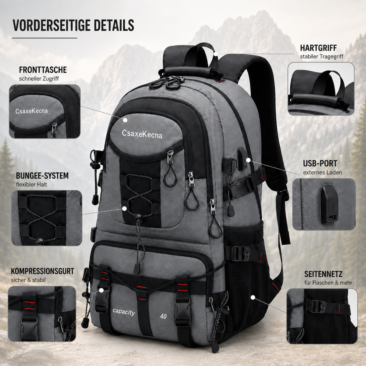 Camp Basel | BergTrail Pro 40L Wanderrucksack mit USB-Anschluss