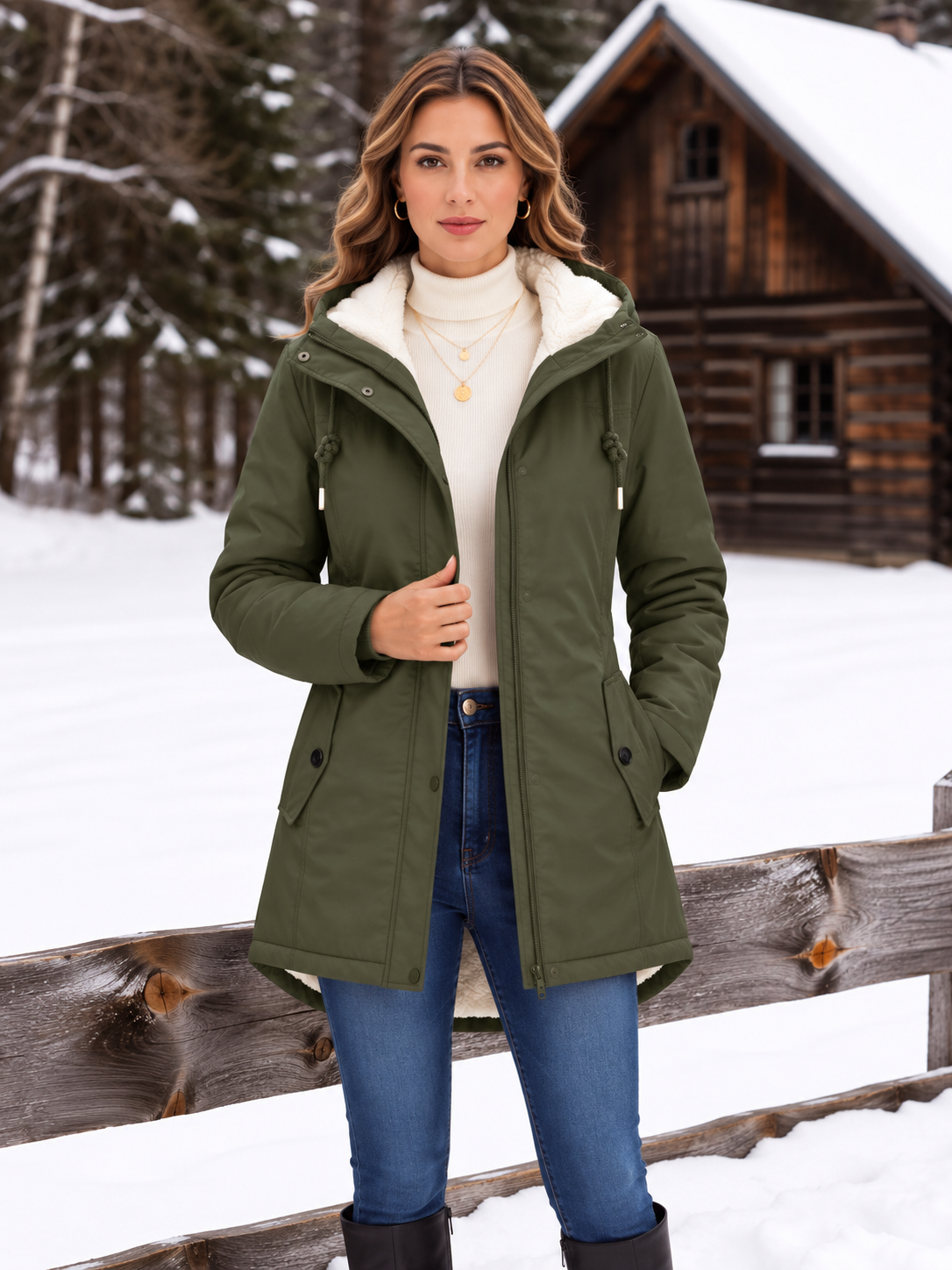 Warmer Parka mit Kapuze, Sherpa-Futter und Tunnelzug in der Taille
