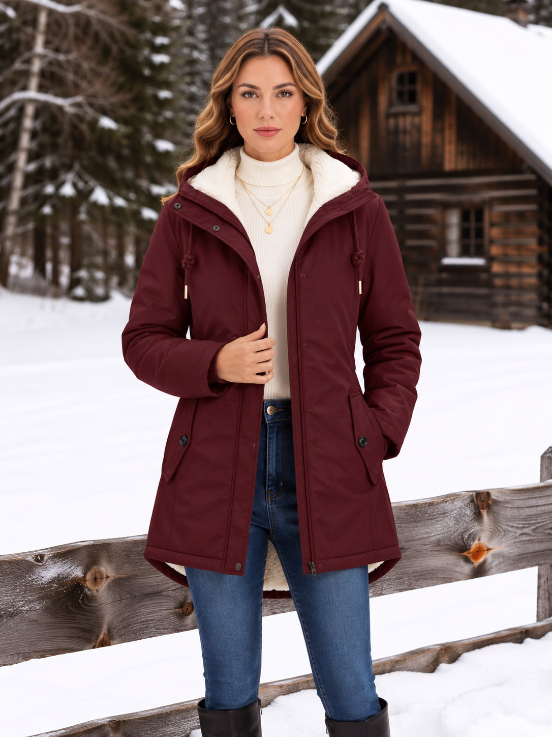 Warmer Parka mit Kapuze, Sherpa-Futter und Tunnelzug in der Taille