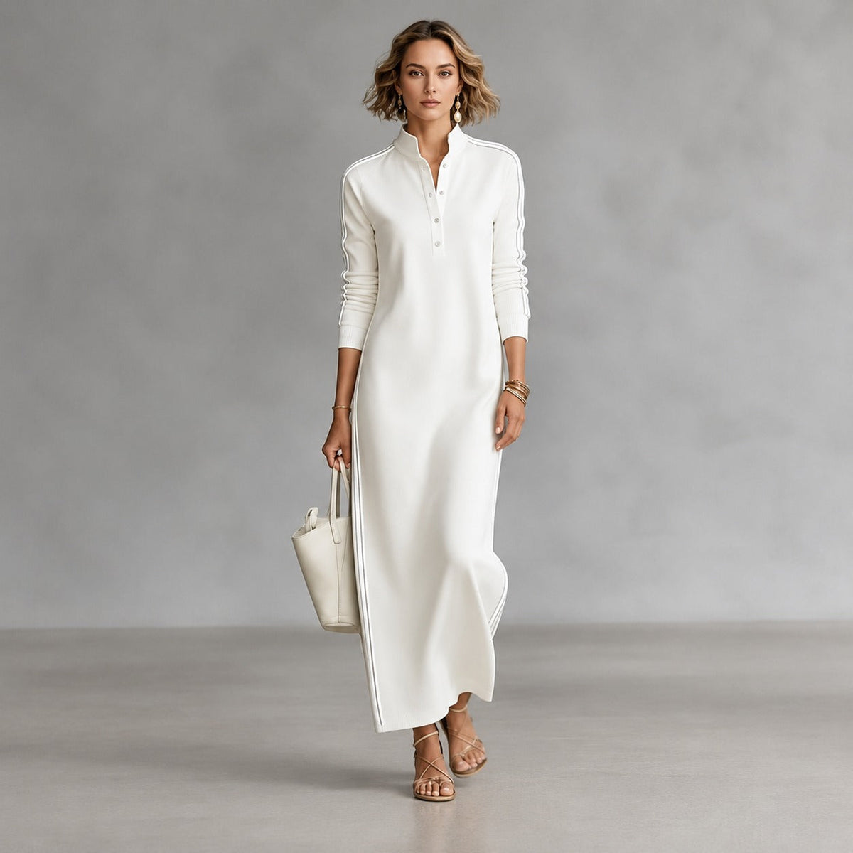 Kleid mit Polokragen, seitlichen Streifen und langer Schnittform