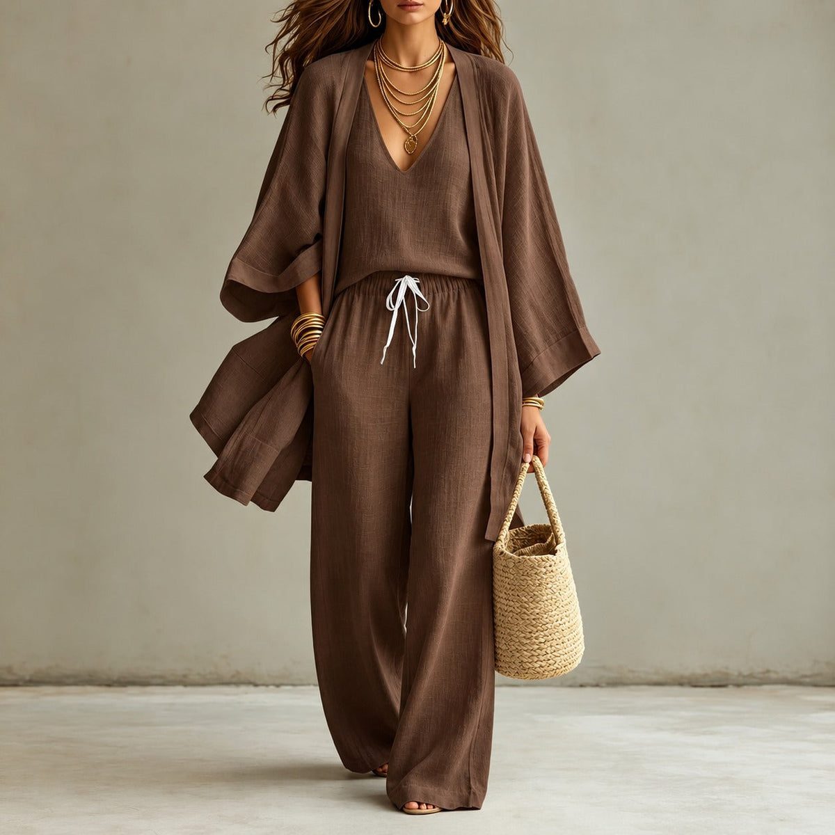 Set aus Baumwollleinen mit V-Ausschnitt-Top, weiter Hose und langem Kimono