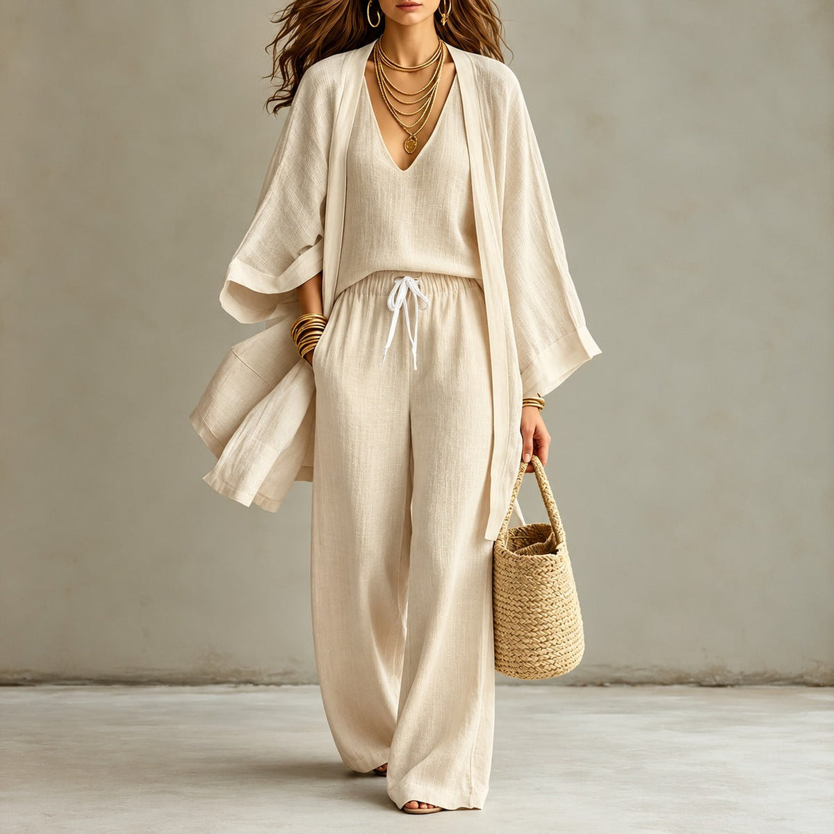 Set aus Baumwollleinen mit V-Ausschnitt-Top, weiter Hose und langem Kimono
