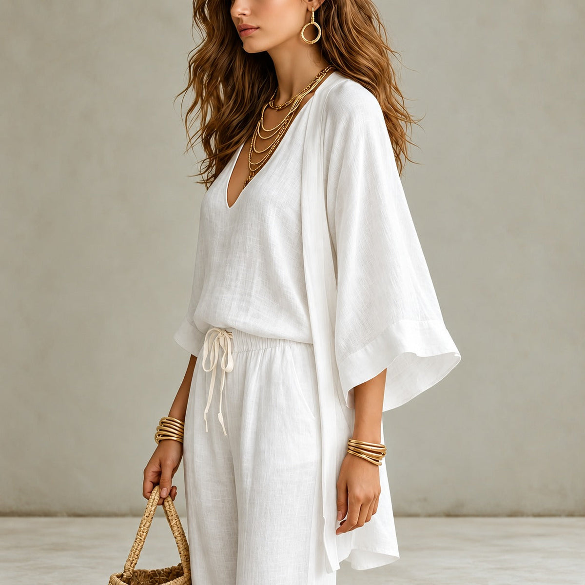 Set aus Baumwollleinen mit V-Ausschnitt-Top, weiter Hose und langem Kimono