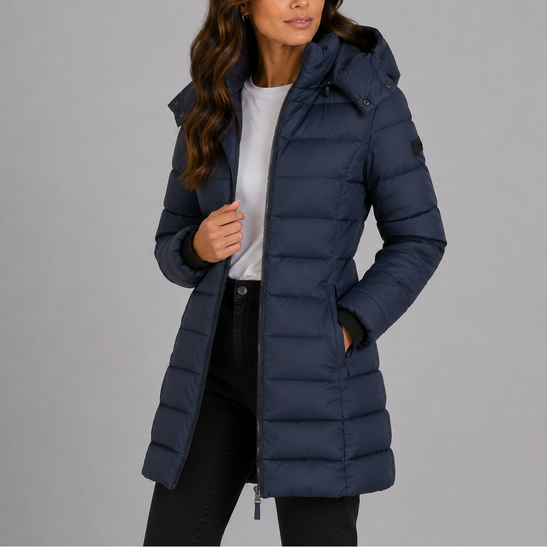 Damen Longline Kapuzen-Puffermantel mit gestepptem Finish und durchgehendem Reißverschluss