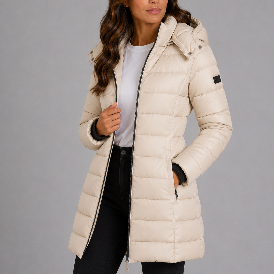 Damen Longline Kapuzen-Puffermantel mit gestepptem Finish und durchgehendem Reißverschluss