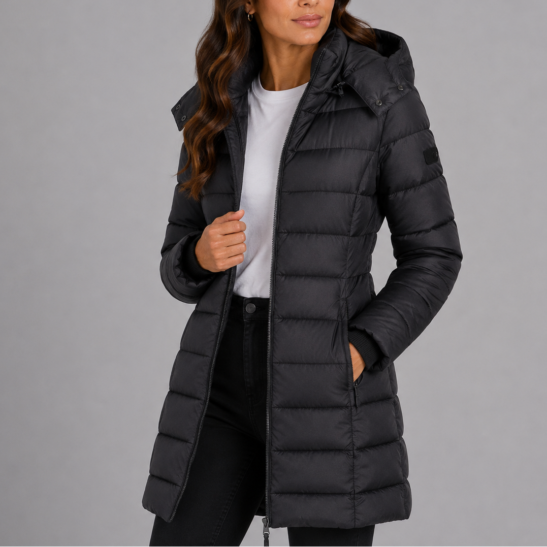 Damen Longline Kapuzen-Puffermantel mit gestepptem Finish und durchgehendem Reißverschluss
