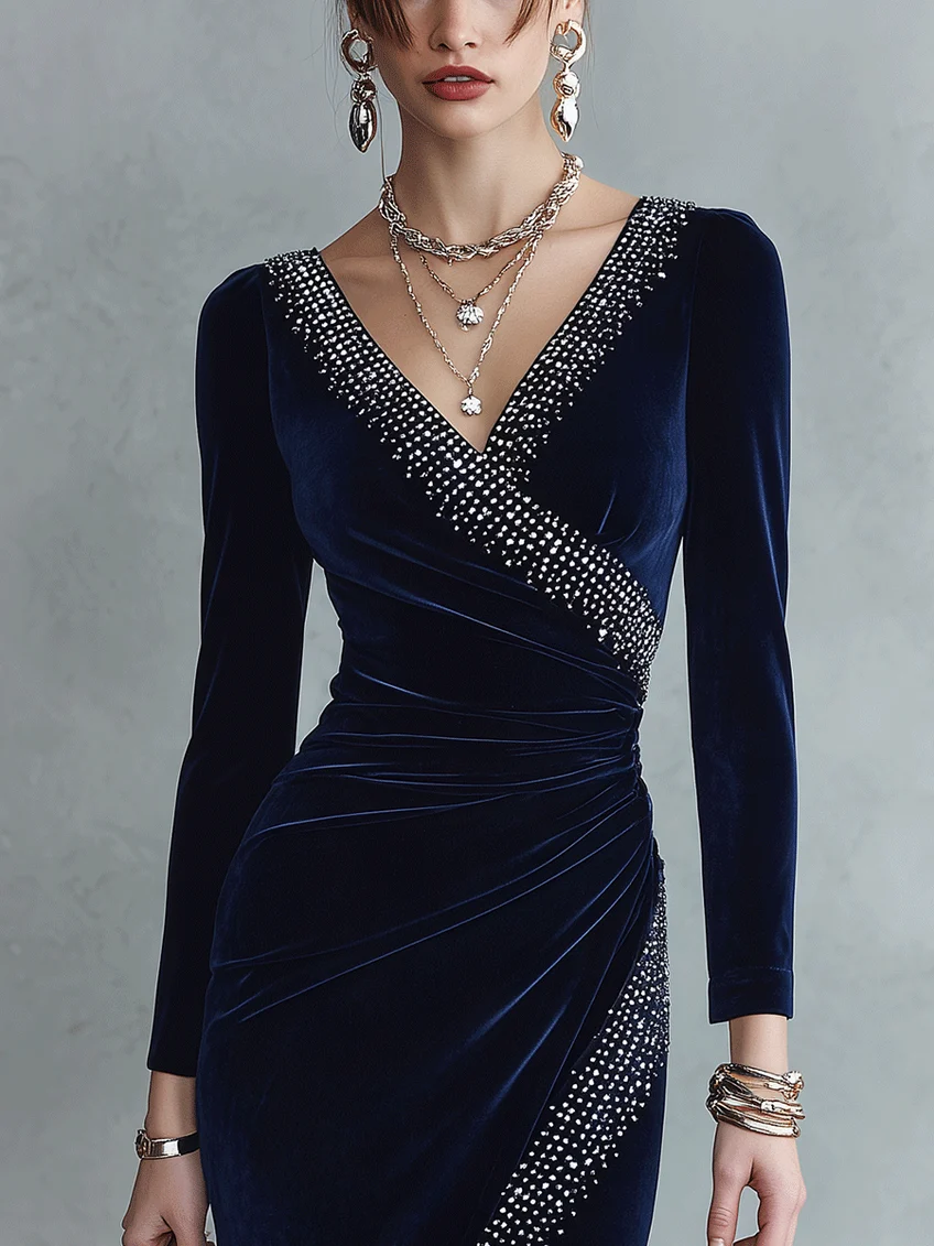 Marineblaues Samt-Wickel-Midikleid mit Verzierungen