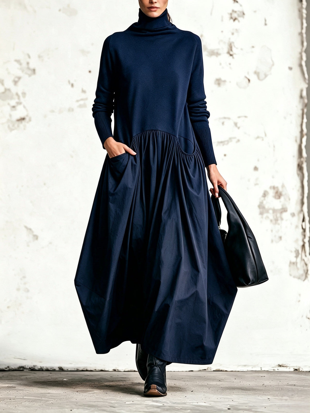 Hochgeschlossenes Maxikleid mit Taschen