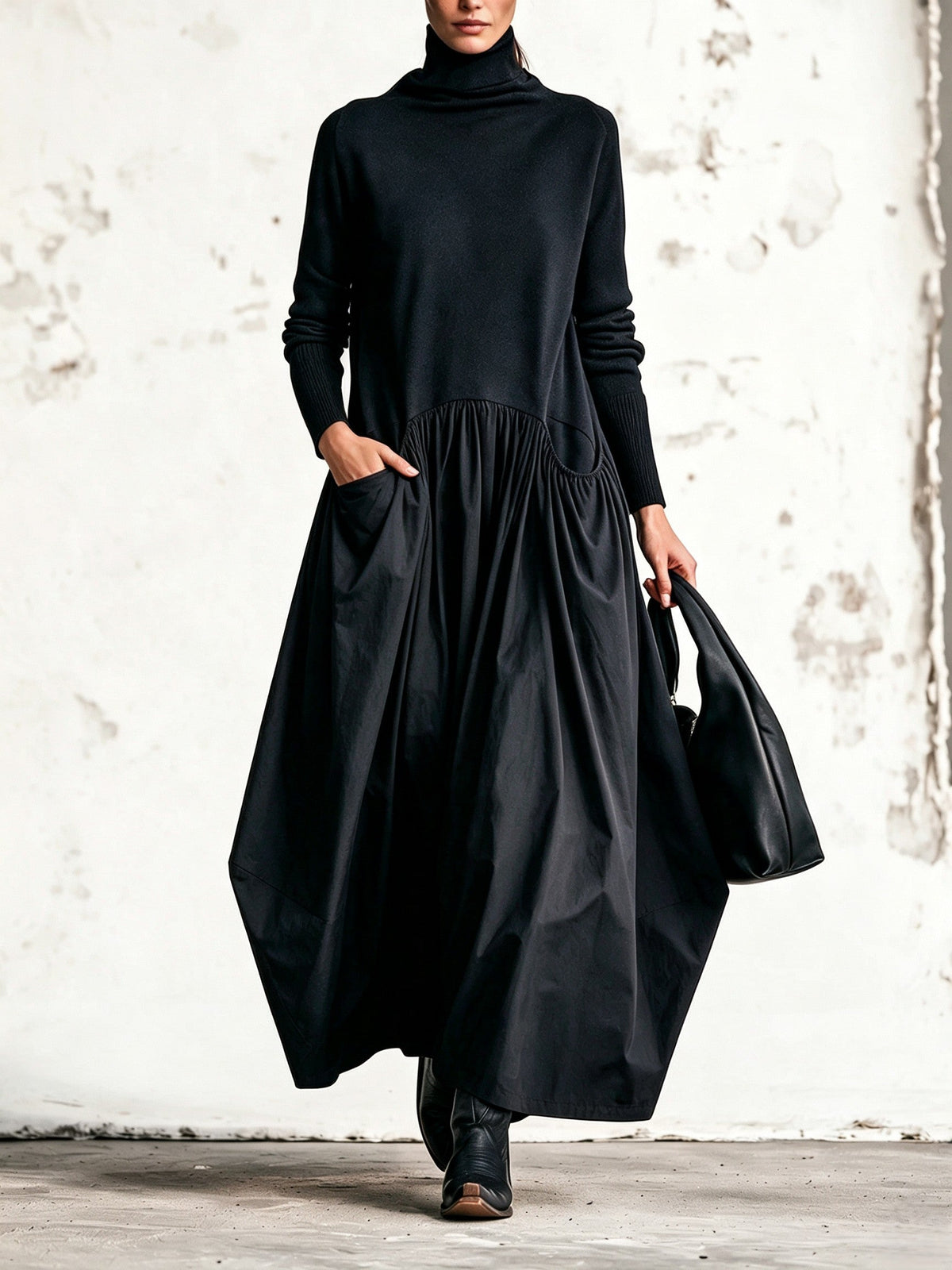 Hochgeschlossenes Maxikleid mit Taschen