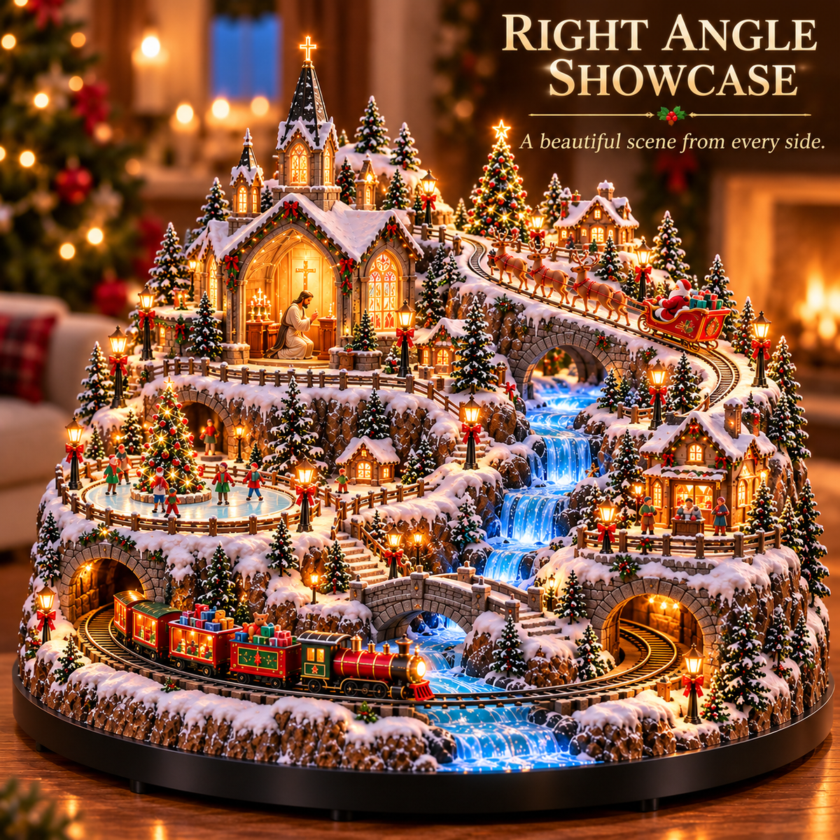 Beleuchtetes animiertes Weihnachtsdorf mit Zug, Rentierschlitten und Wasserfall