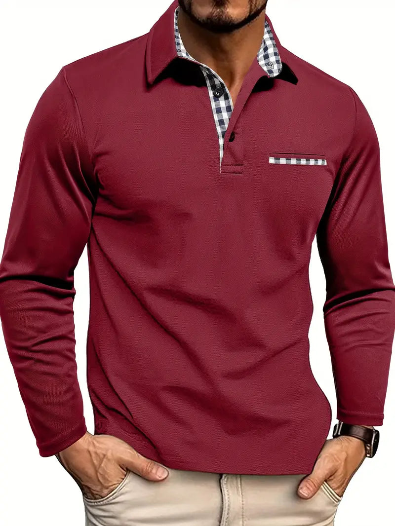 Langarm-Poloshirt mit Karo-Kontrastkragen