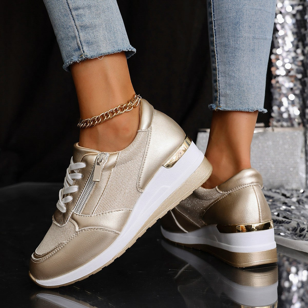 Damen-Sneaker mit Schnürung und seitlichem Reißverschluss – Dicke Sohle, Komfort und sportlicher Stil