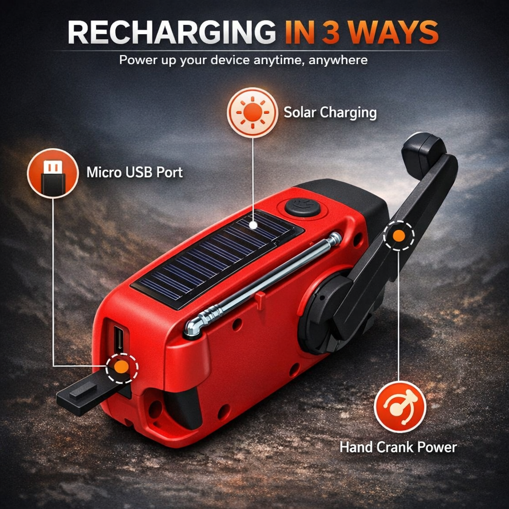 Notfall-Handkurbel-Radio - Solar- und USB-aufladbares Wetter-Radio mit Taschenlampe für Camping und Outdoor-Nutzung