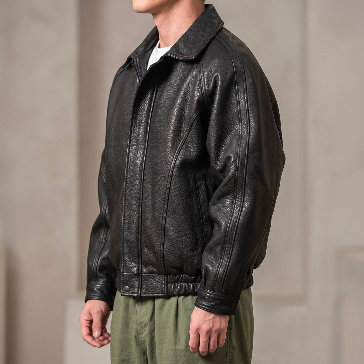 Herren Lederjacke mit Reißverschluss – Strukturierte Jacke mit Kragen für Frühling und Herbst