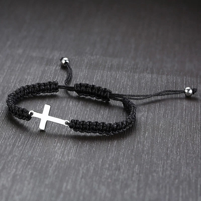 Kreuz-Anhänger geflochtenes Armband - verstellbares schwarzes Kordel mit silberfarbenem seitlichem Kreuz