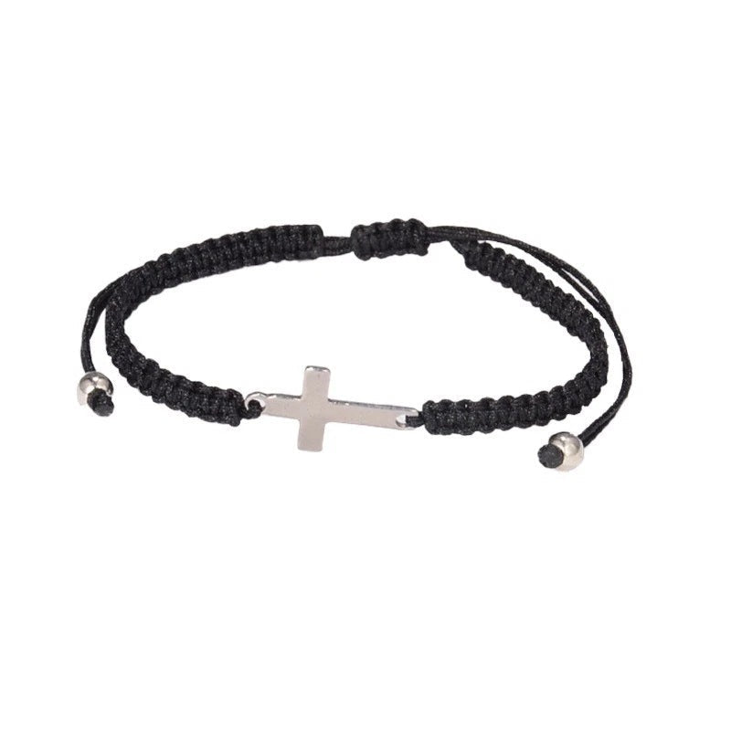 Kreuz-Anhänger geflochtenes Armband - verstellbares schwarzes Kordel mit silberfarbenem seitlichem Kreuz
