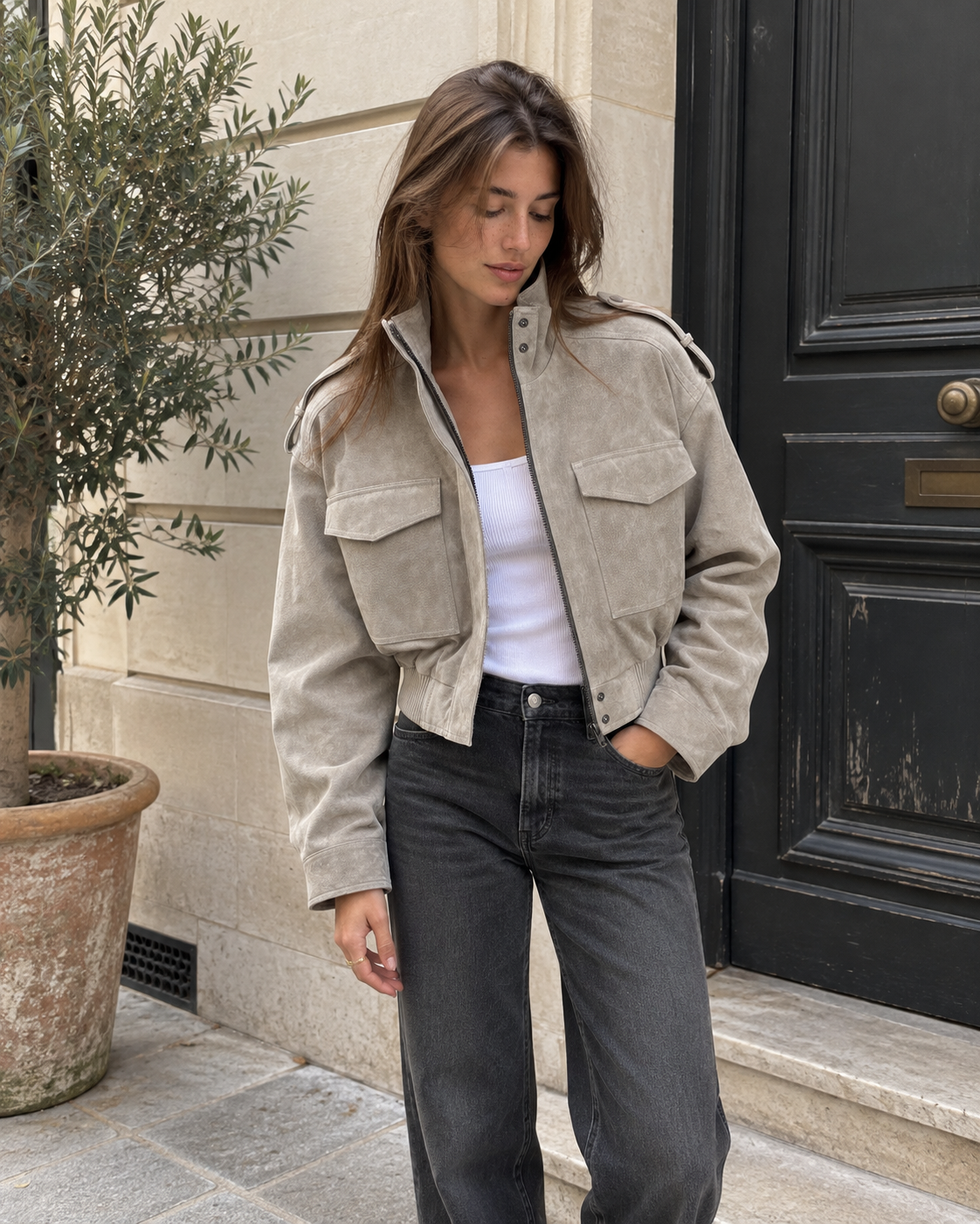 Wildleder Cropped Bomberjacke in Grau